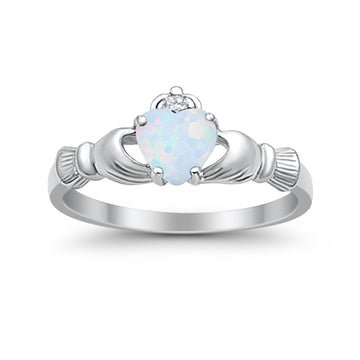 Heart Shape Lab Created White Opal Claddagh Wedding Ring 925 Sterling Silver